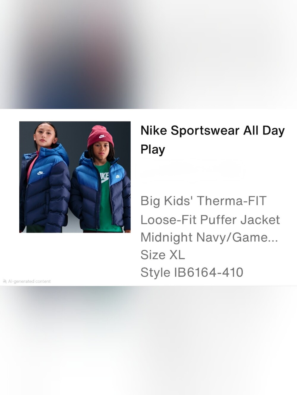 Nike Kids Therma-FIT Midnight Navy Puffer Jacket BIG BOY XL